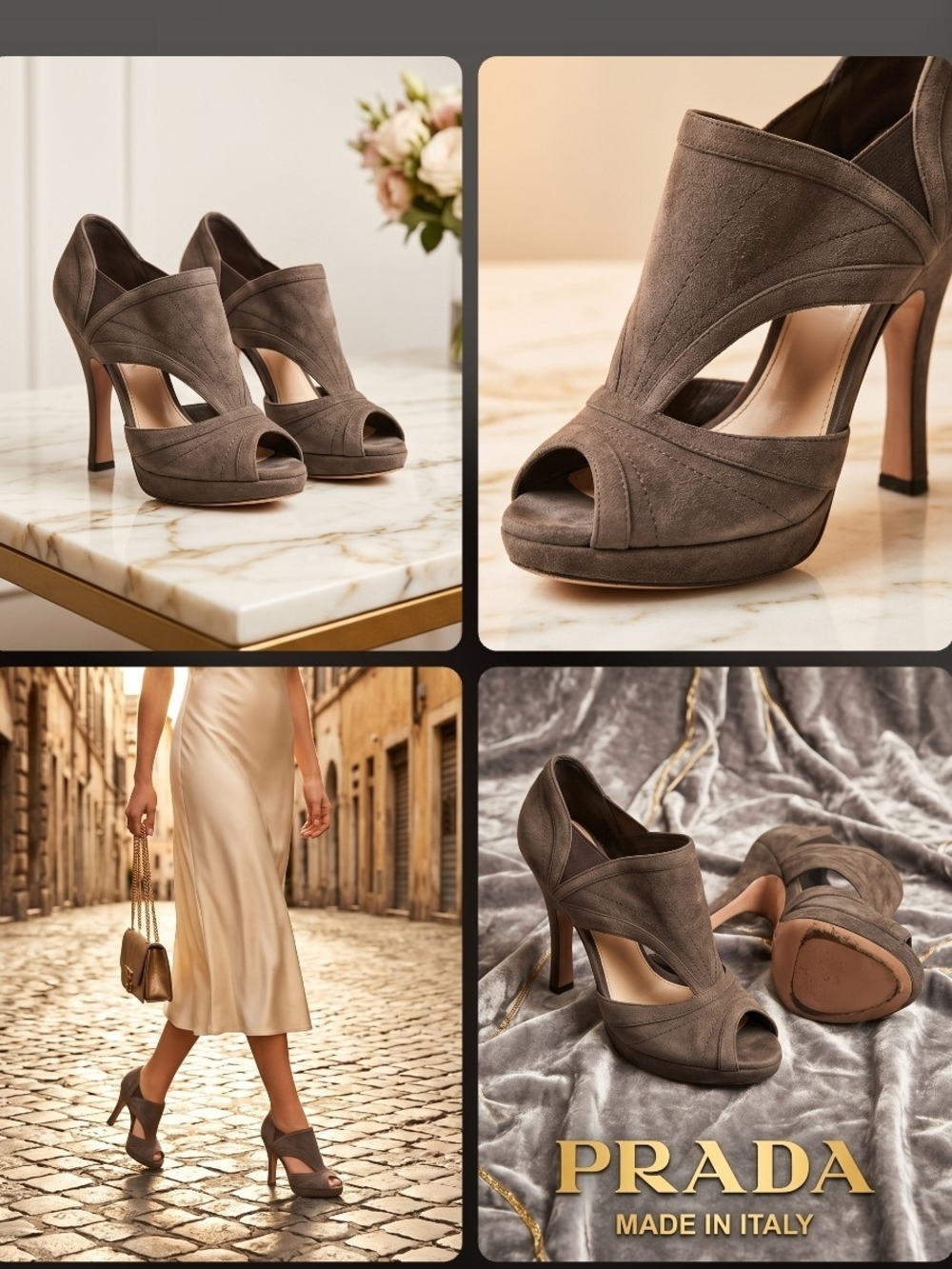 Prada Taupe Suede Cutout Peep-Toe Heels